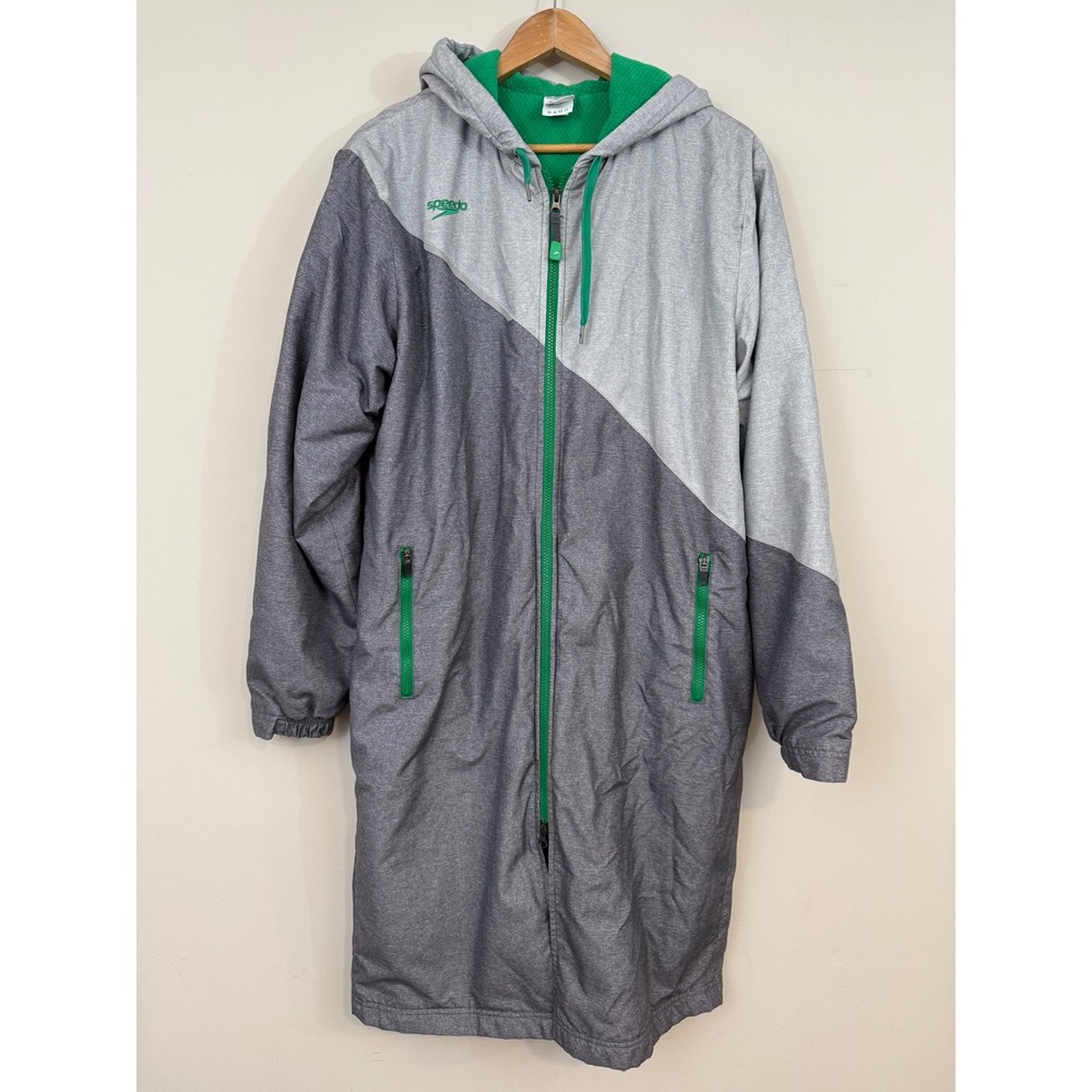 Speedo Swim Parka Gray Green Fleece Lined Hooded Athletic Diver Pool Deck Medium